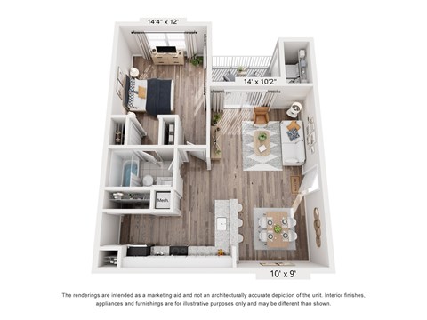 Floor plan for 1 bed, 1 bath, 851 sqft